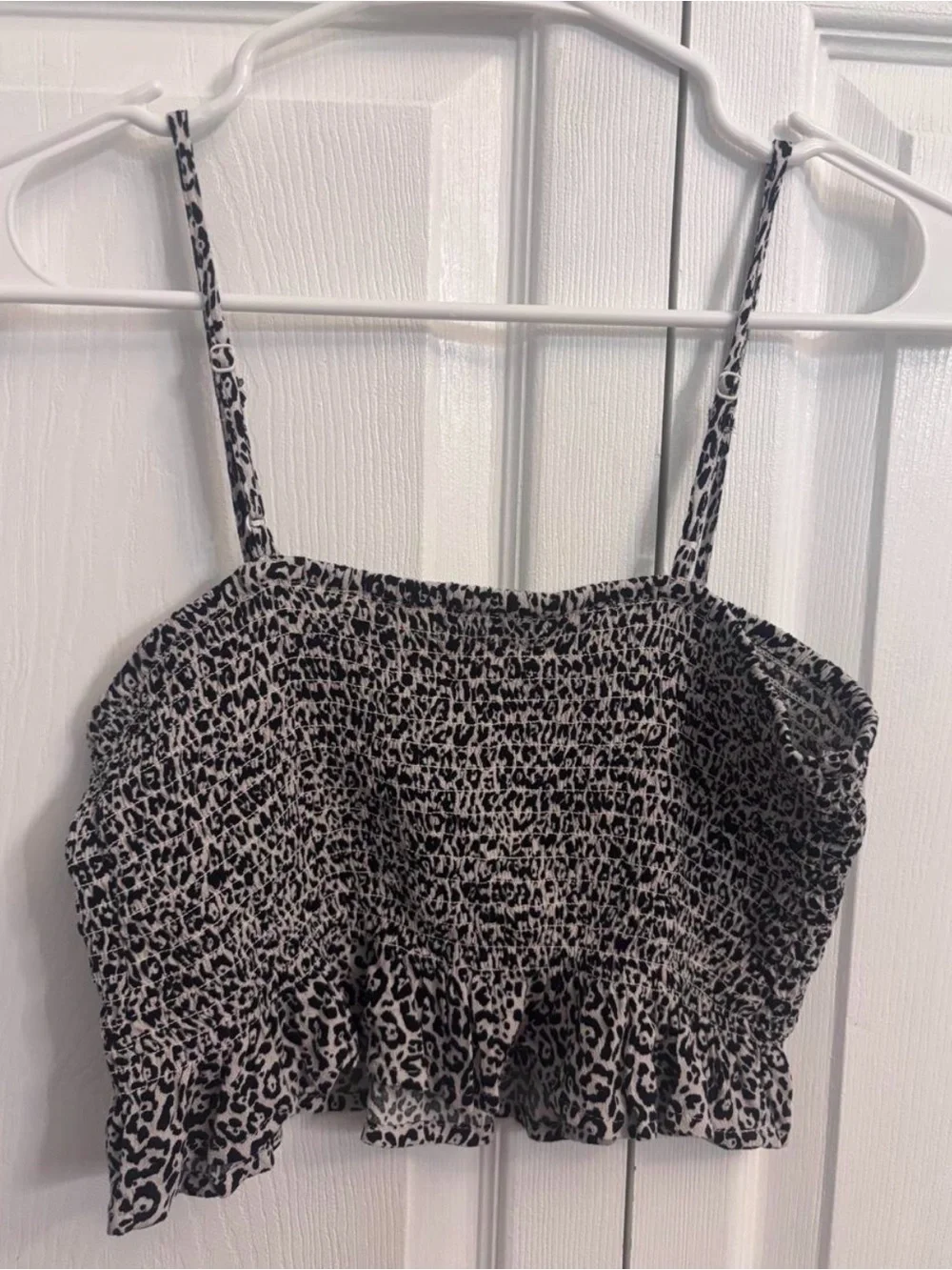 American Eagle Outfitters Black and White Leopard Smocked Crop Cami